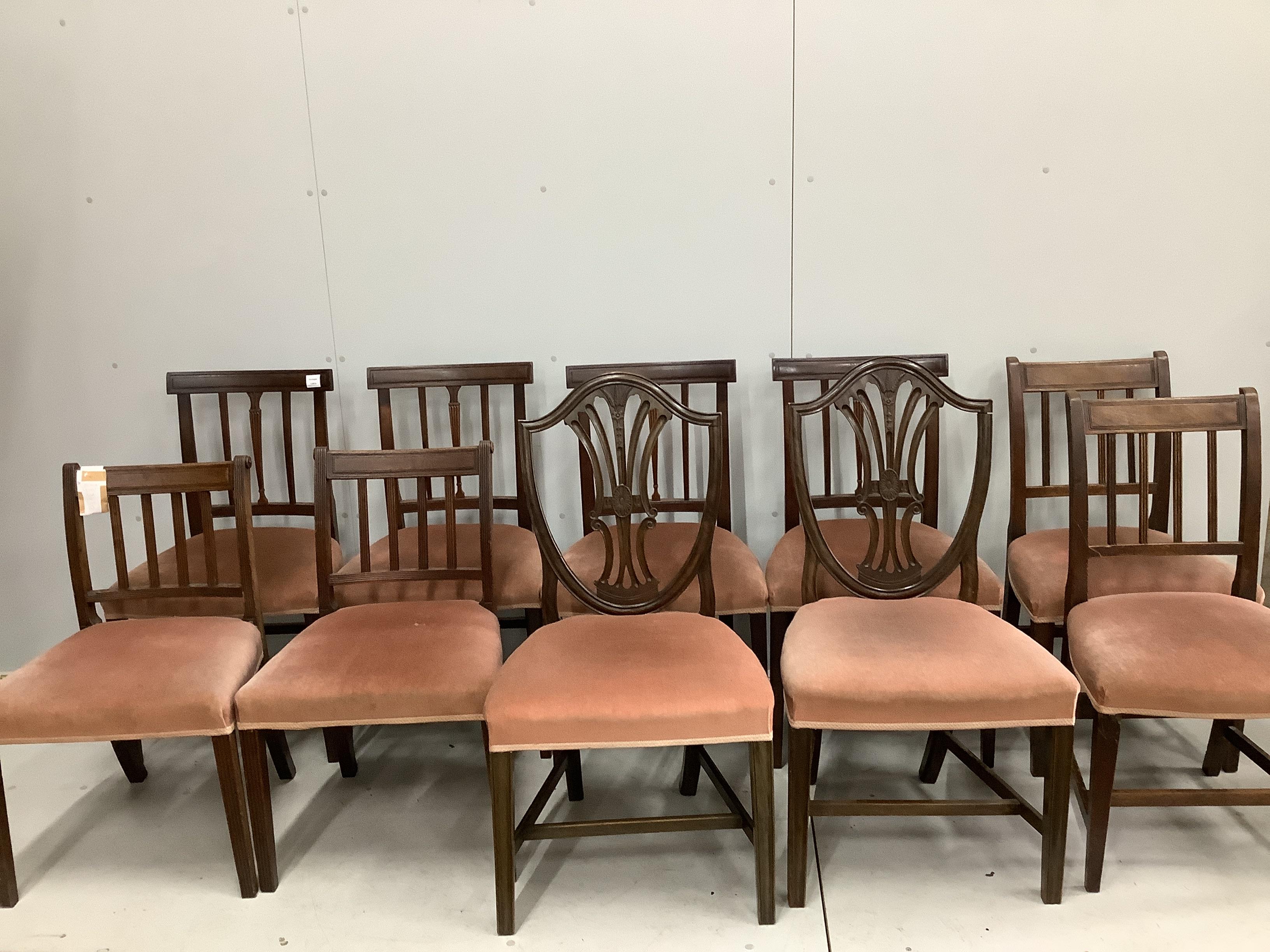 A harlequin set of eight George III Provincial mahogany dining chairs and two Hepplewhite style dining chairs